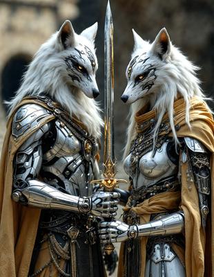 The primary subject of the image is two anthropomorphic wolves dressed in armor, standing next to each other. They are both holding swords, which are prominently displayed in the scene. The setting appears to be a fantasy or medieval-inspired environment, with the wolves as the main focus. The visual style of the image is a combination of photo and digital art, creating a unique and intriguing scene. The colors and mood of the image are predominantly dark and dramatic, with the wol
